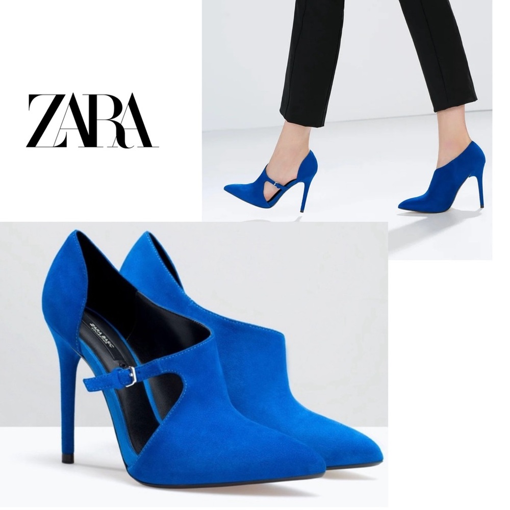 ZARA Blue High Heel Suede Leather Pointed Toe Bootie Pumps EUR 37